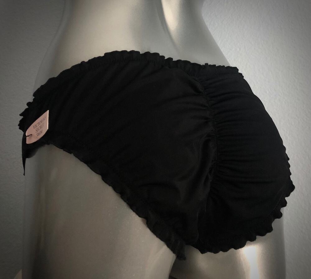 Victoria's Secret Nwt The Ruffle Cheeky Solid Black Ruched Bikini Bottom XS
